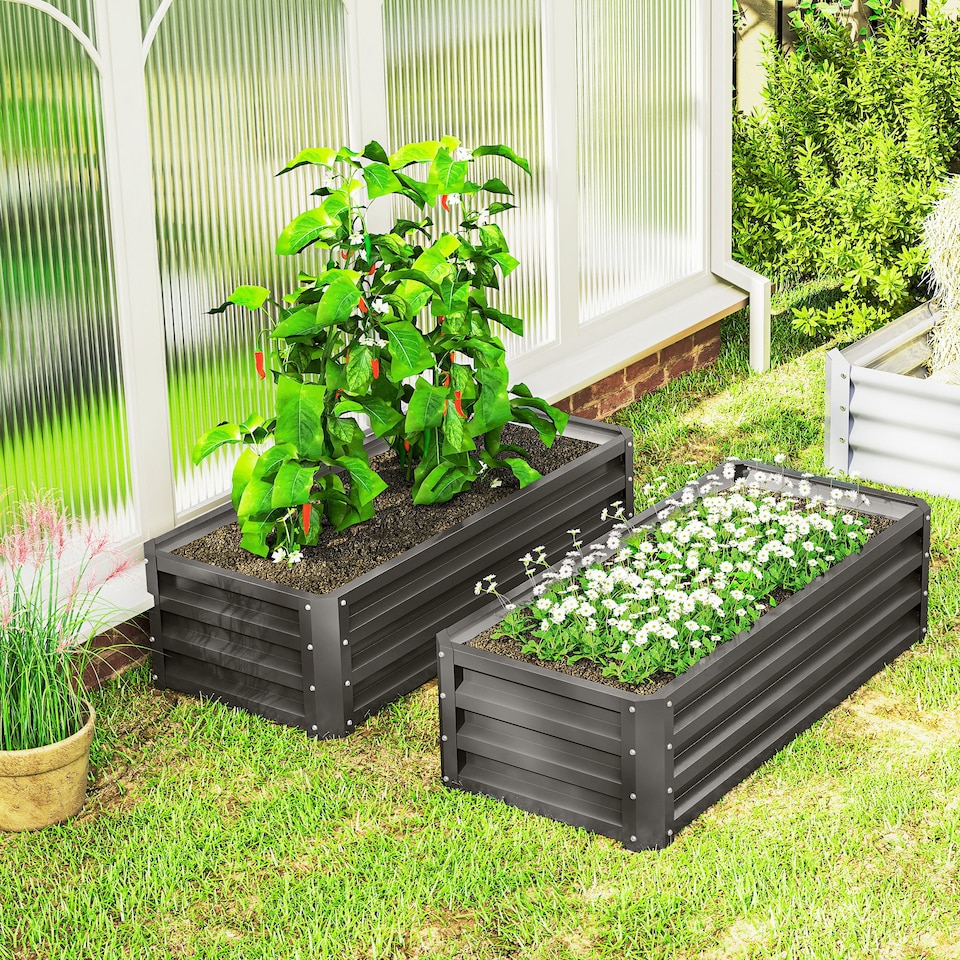image 1 of Outsunny Set of 2 Raised Garden Bed Galvanised Planter Box, Dark Grey