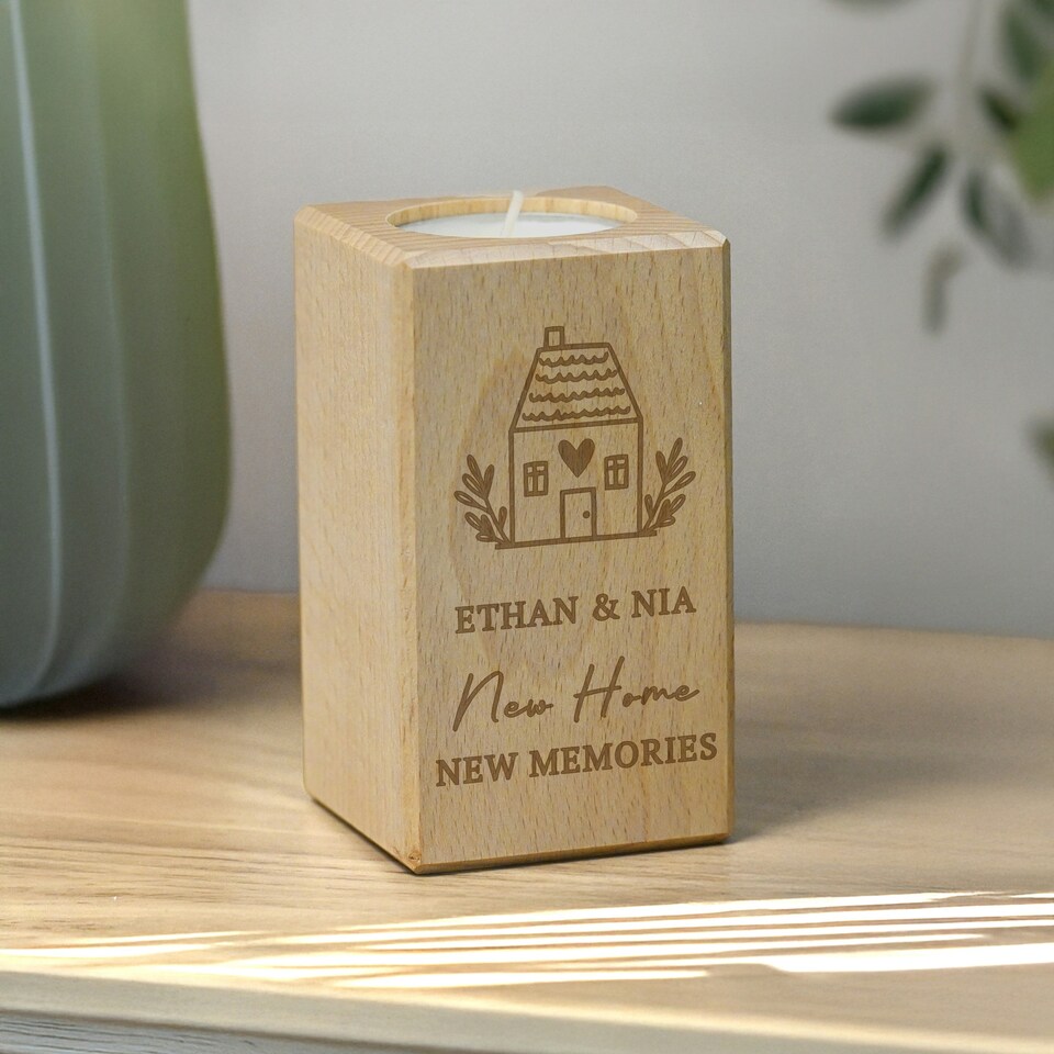 image 1 of Personalised New Home Wooden Tealight Holder Brown