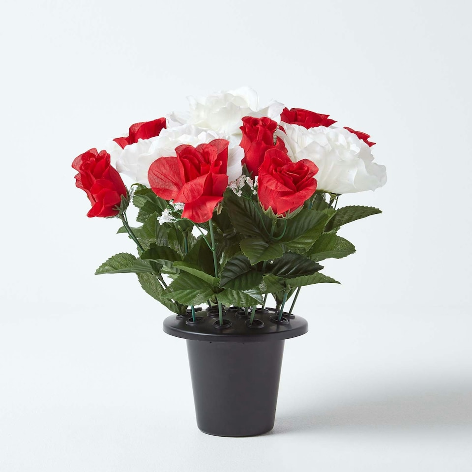 image 1 of Homescapes Set of 2 Red & White Roses & Lilies Artificial Flowers in Grave Vases