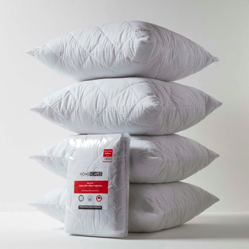 image 1 of Homescapes Cotton Rich Quilted Pillow Protectors - 80 x 80 cm - Pack of 4 White