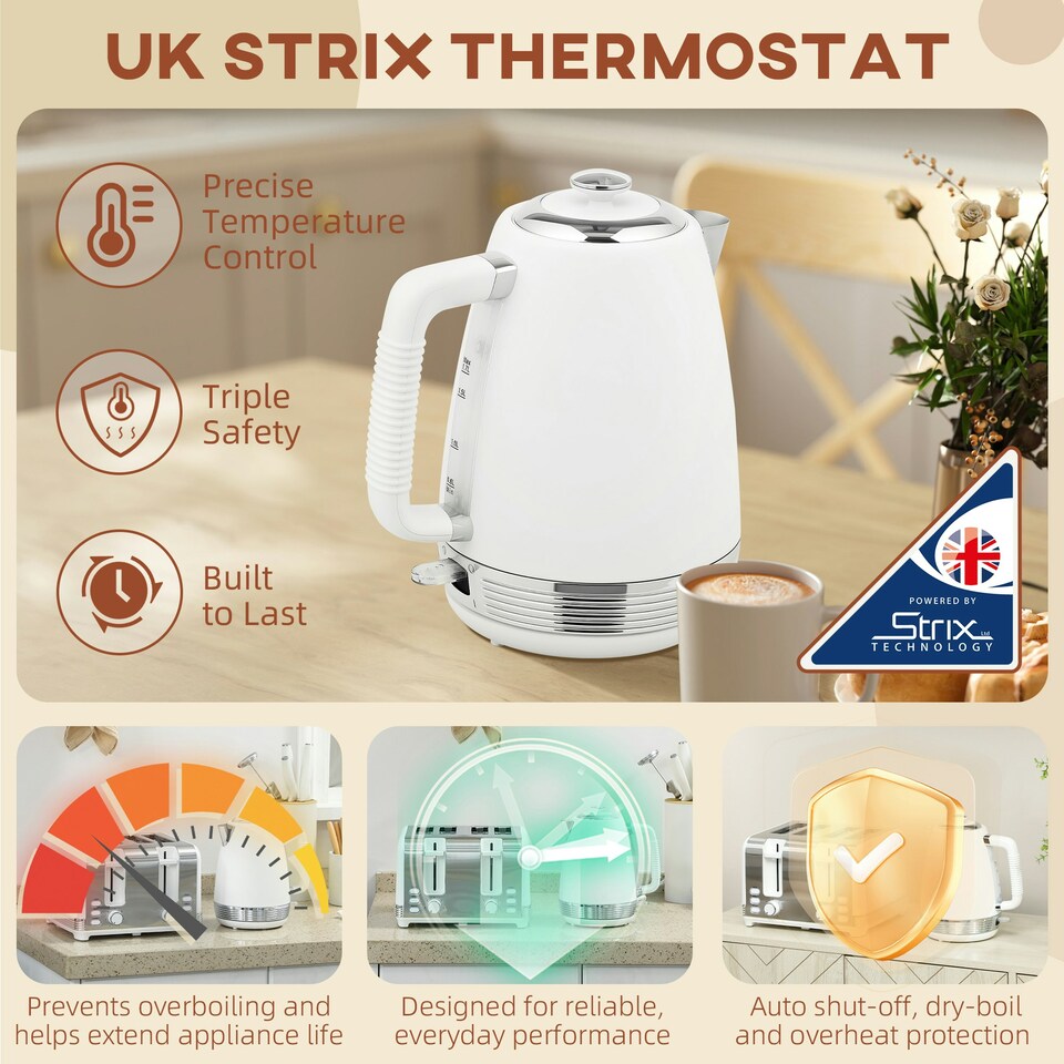 image 1 of HOMCOM 1.7L 3000W Quick Boil Kettle and 4 Slice Toaster Set Crumb Tray White
