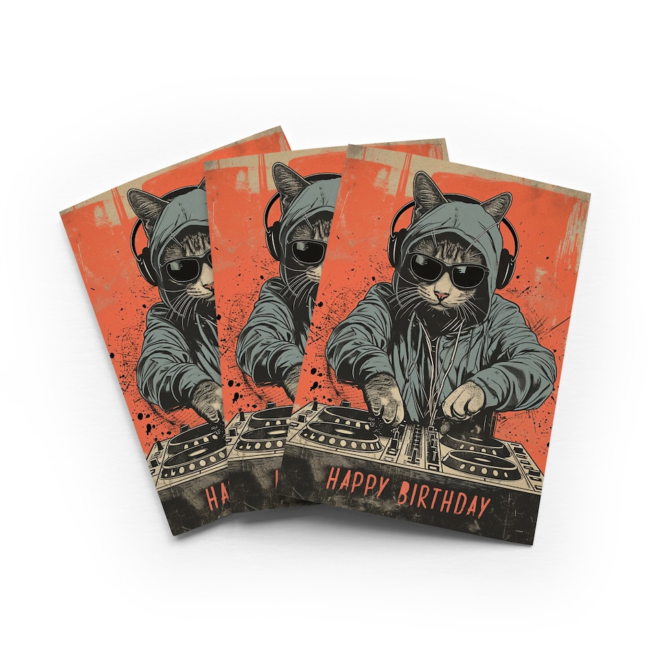 image 1 of DJ Cat Hoodie Birthday Card Cool Sunglasses Set of 3 Greeting Cards Blank Inside