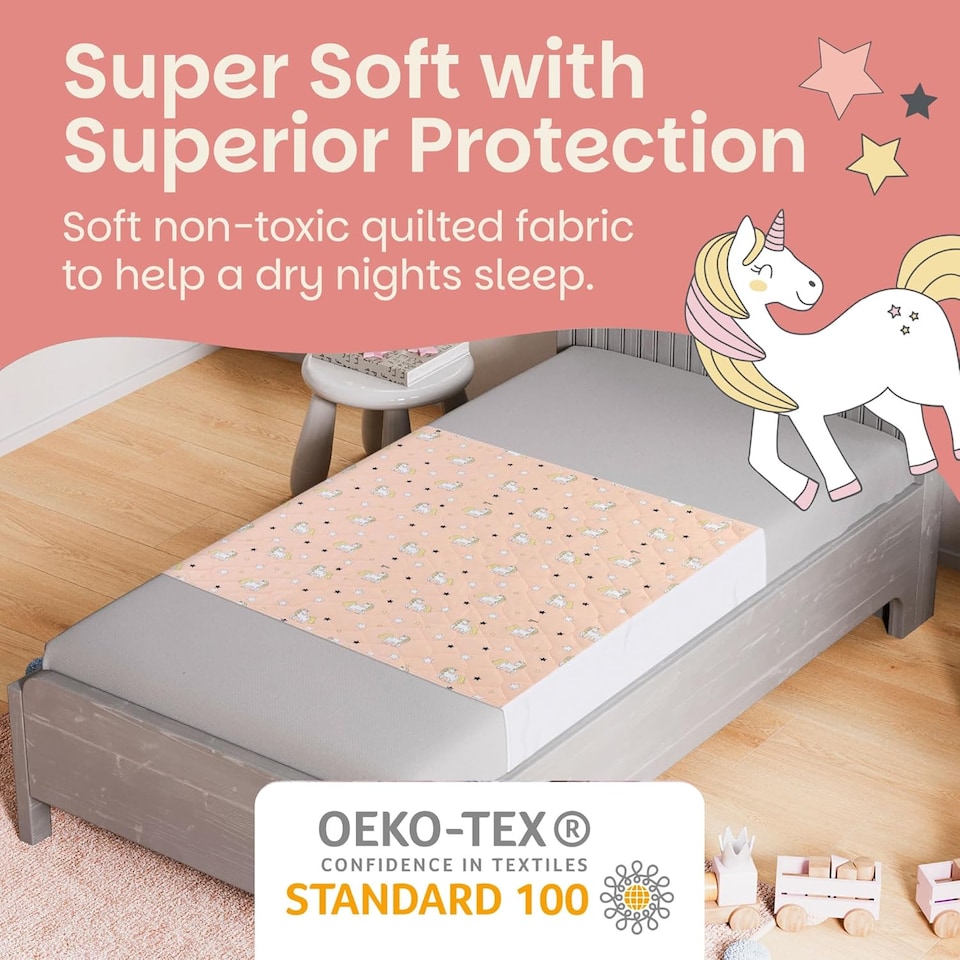image 1 of Lynmark® Toddler Potty Training Bed Pads with Tucks, Absorbs Up to 1200ml, 90x85cm (Tucks 85x45cm) Unicorn | Pink | Unicorn | 1