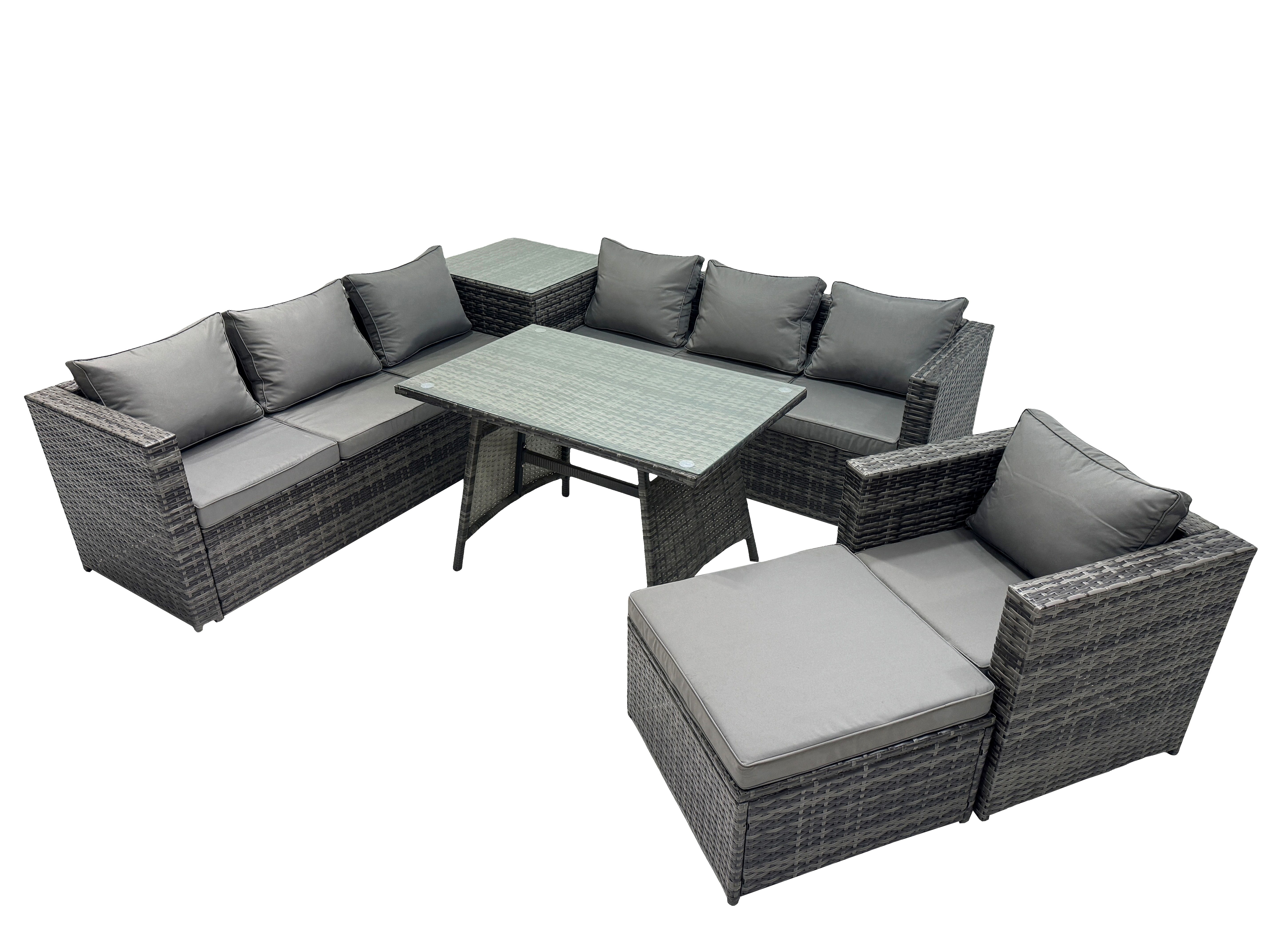 Fimous Outdoor Corner Sofa Chair Dining Table Set Garden Rattan Furniture Set 8 Seater with Side Table Big Stool Dark Grey