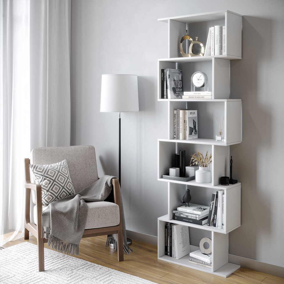 image 1 of Geometry S-Shaped 6 Tier Shelving Unit | White | 1