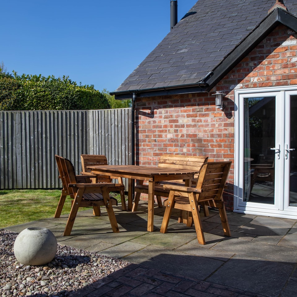 image 1 of Hand Made 6 Seater Chunky Rustic Wooden Garden Furniture Table and Chairs Set