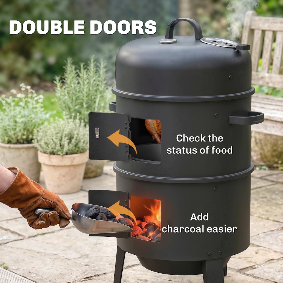 image 1 of Outsunny 3-in-1 Vertical Charcoal Smoker with 2 Grill Grates, Thermometer