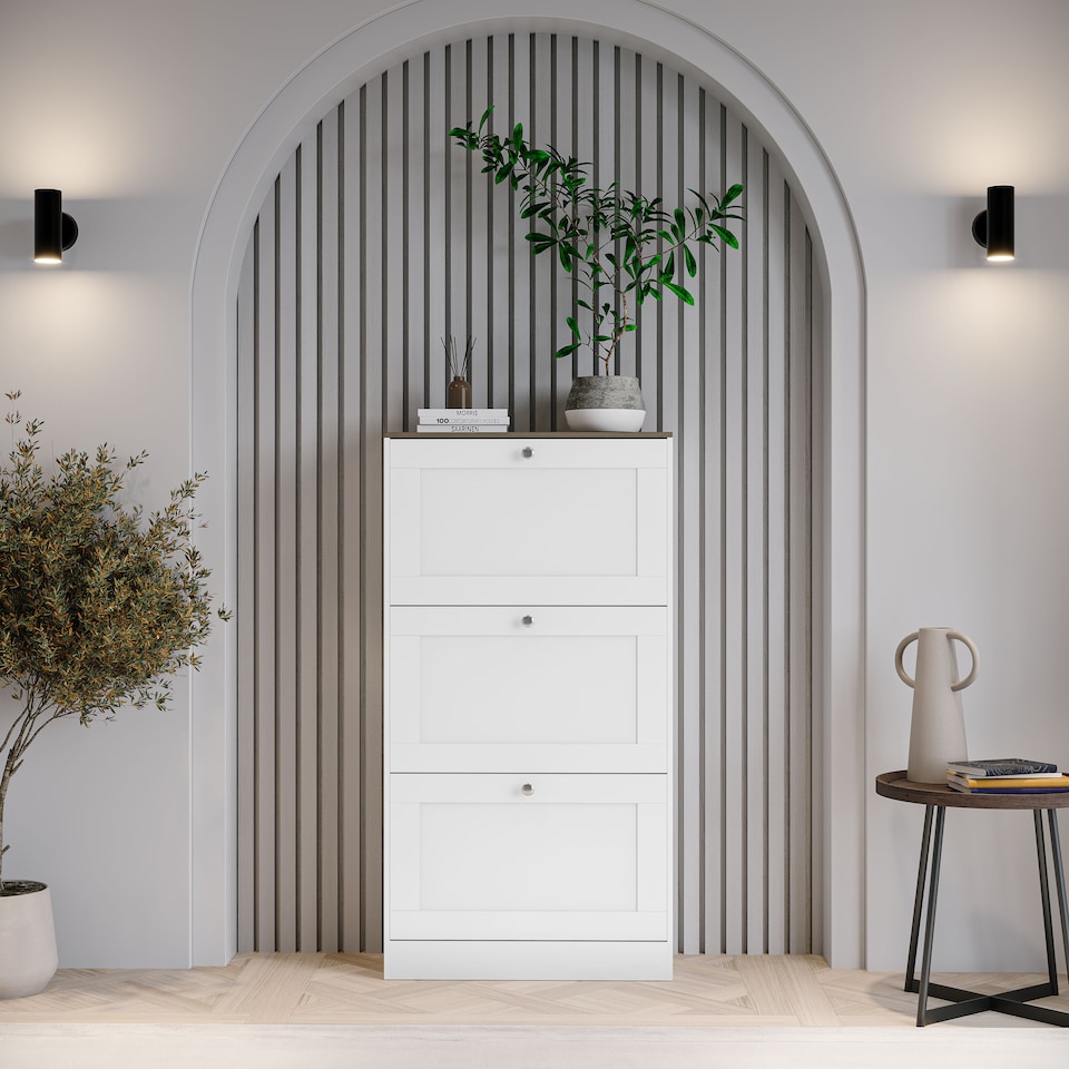 image 1 of Vida Designs 3 Drawer Shoe Cabinet Hallway Home Entrance Storage Unit, White & Oak