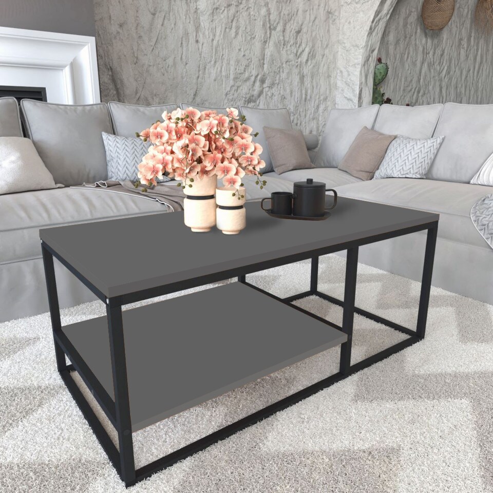 image 1 of 2-Shelf Wooden Rectangle Coffee & Side Table With Metal Frame Living Room Decor | Multi | Anthracite