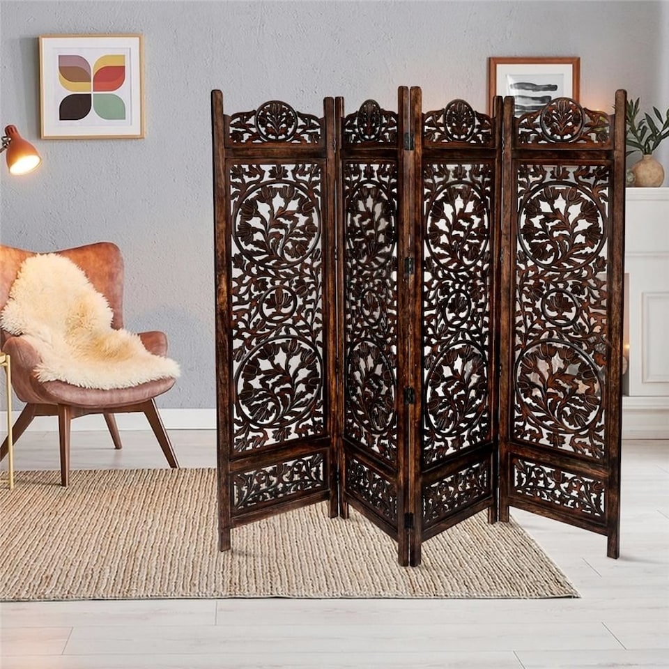 image 1 of 4 Panel Heavy Duty Carved  Screen Wooden Lotus Design Room Divider Dark Brown 200 x 180 cm | Brown | Dark Brown | 200 x 180 cm