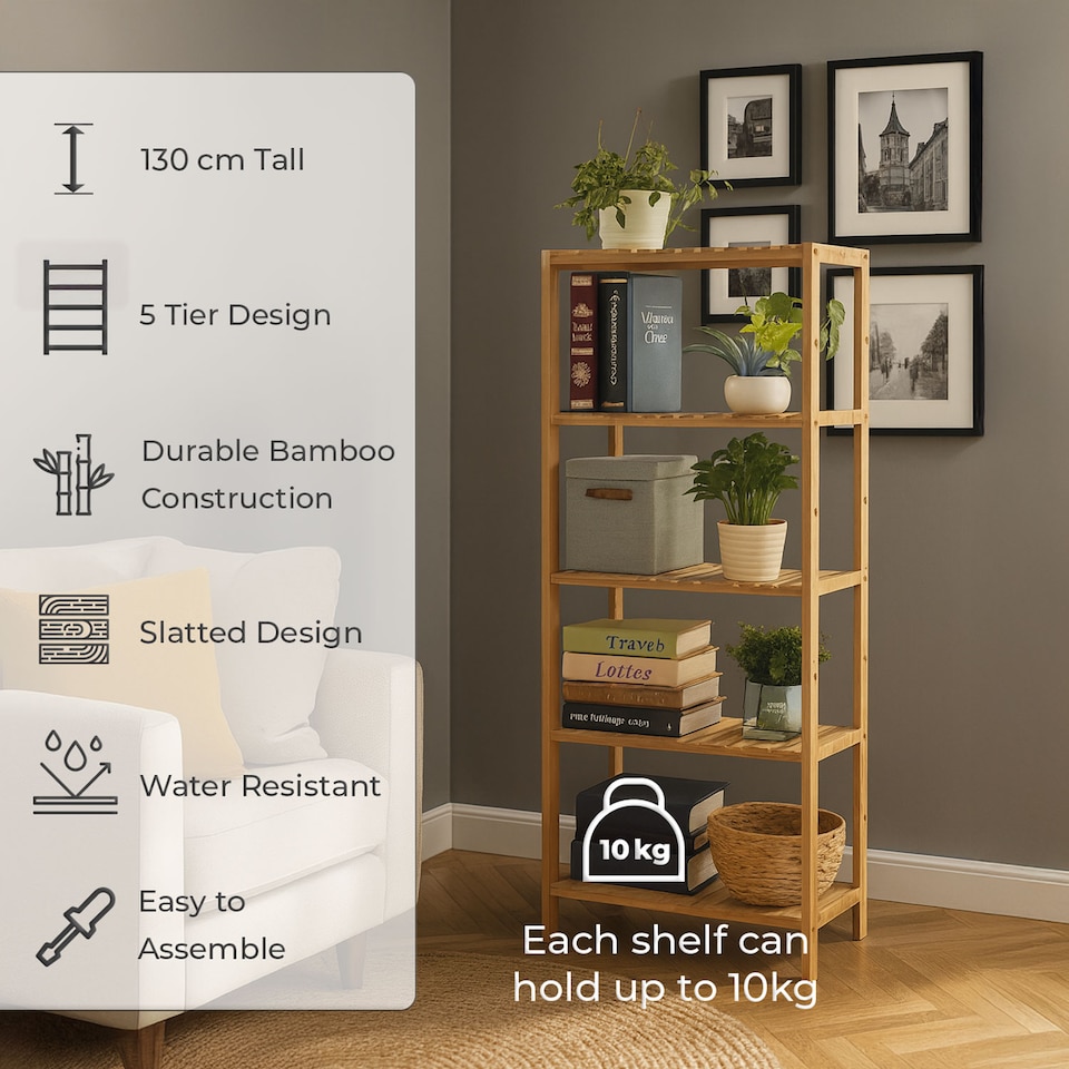 image 1 of Neo 5 Tier Bamboo Storage Shelf Shelves Rack Adjustable | Brown | Natural Wood