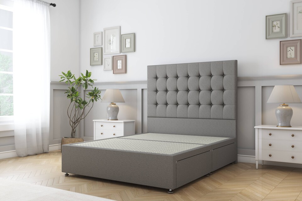 image 1 of Sloomy Alabama Pewter Dumfries Divan Bed Base 4 Drawers With 26 Inch Strutted Headboard | Grey | Pewter | Small Double | 1