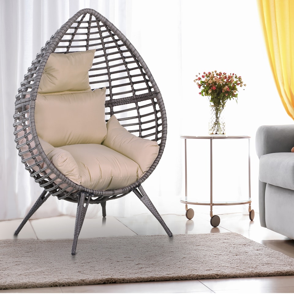 image 1 of Outsunny Garden Egg Chair, Teardrop Outdoor PE Rattan Chair with Full-body Soft Padded Cushion, Grey