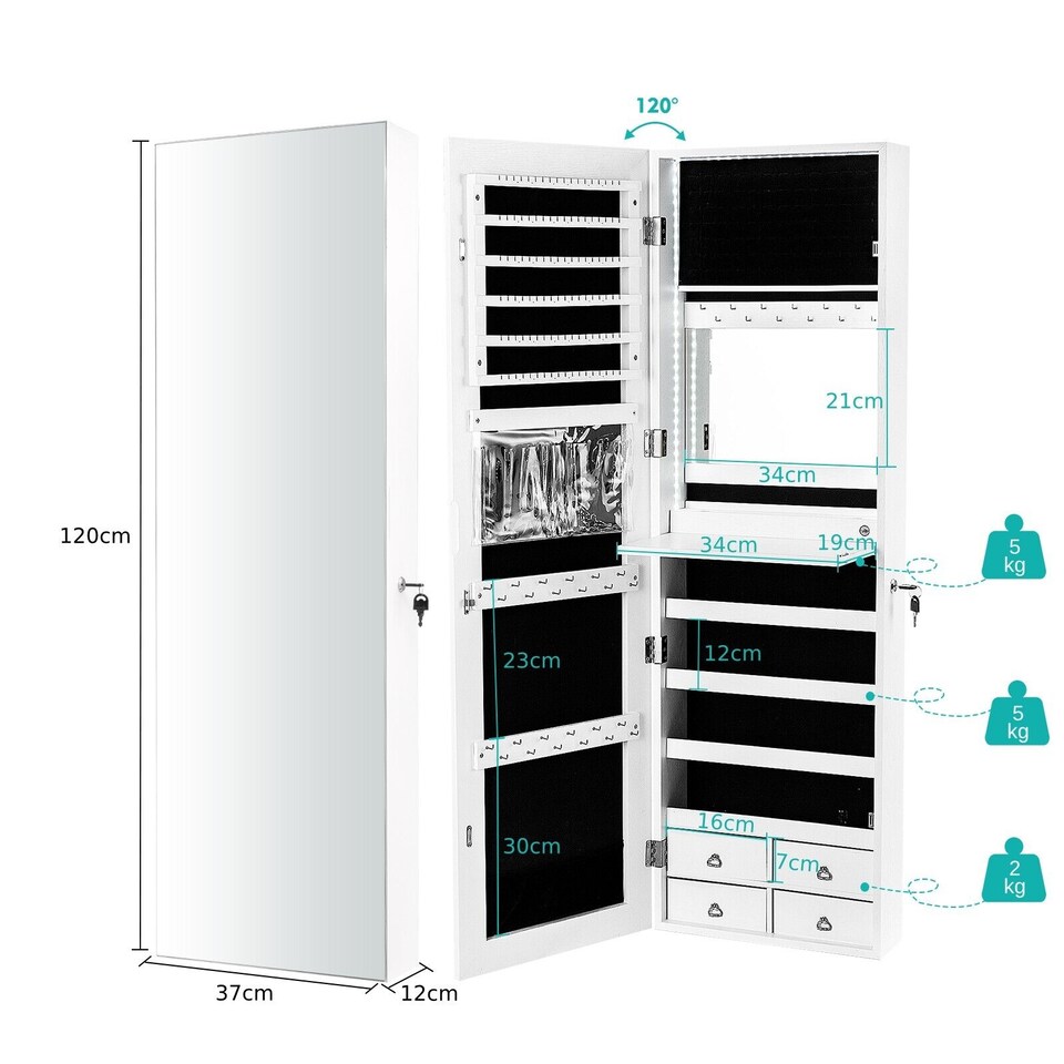 image 1 of COSTWAY LED Lighted Mirror Jewelry Cabinet Wall/Door Mounted Jewelry Armoire  Organizer