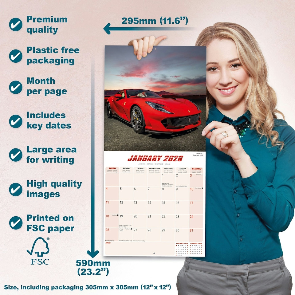 image 1 of Ferrari 2026 Calendar | Square Wall Calendar | Car Enthusiast Gift | Plastic Free Packaging | by Avonside Publishing