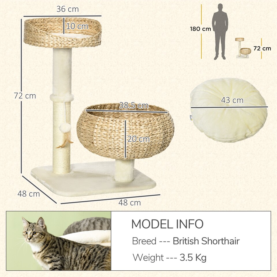 image 1 of PawHut 72cm Cat Tree Kitten Tower with 2 Beds Scratching Post Toy Ball Beige