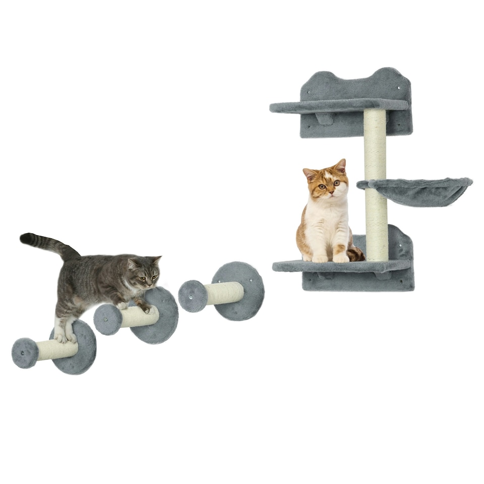 image 1 of PawHut 4pc Cat Shelves Cat Wall Furniture with Steps Scratching Post Grey