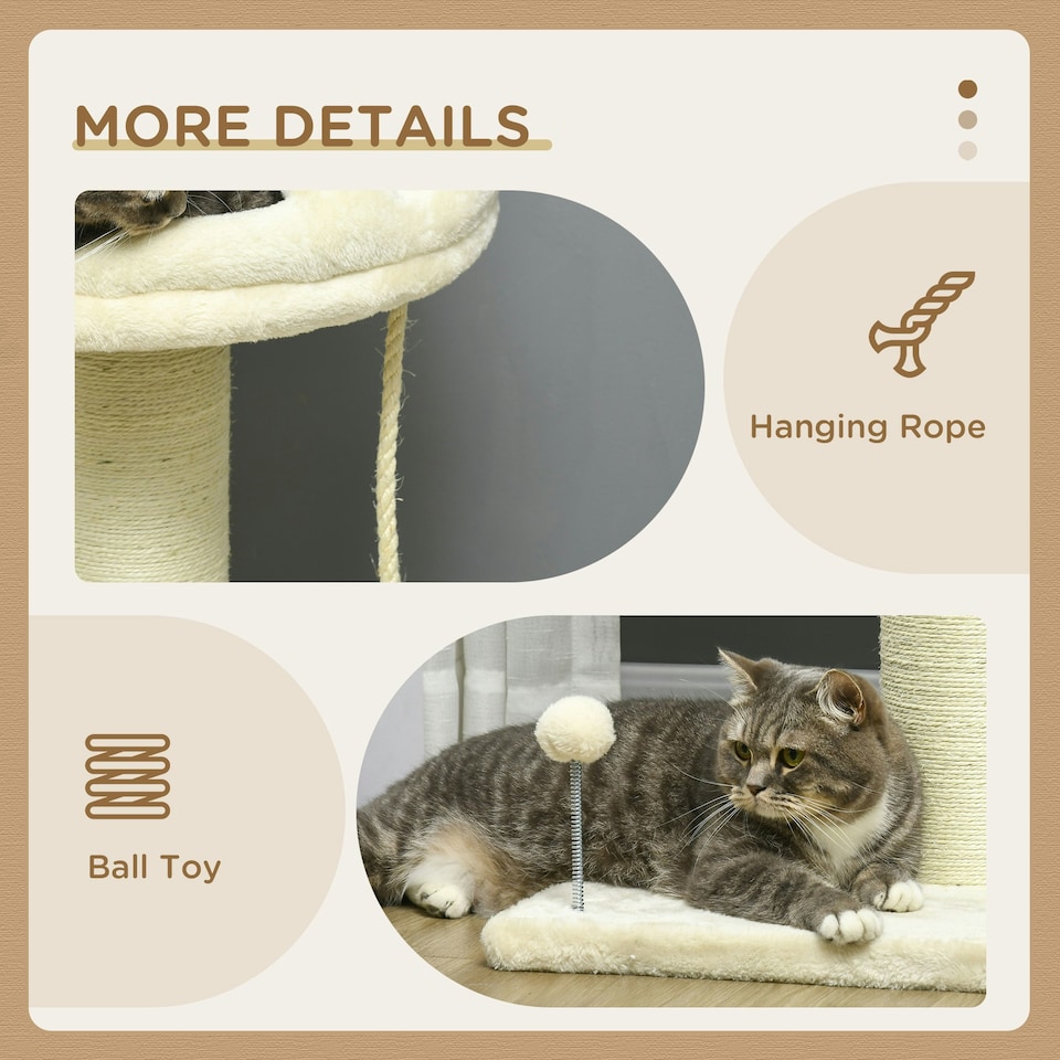 image 1 of PawHut 83cm Cat Tree Tower with Scratching Post, Kitten Bed, Toy, Cream