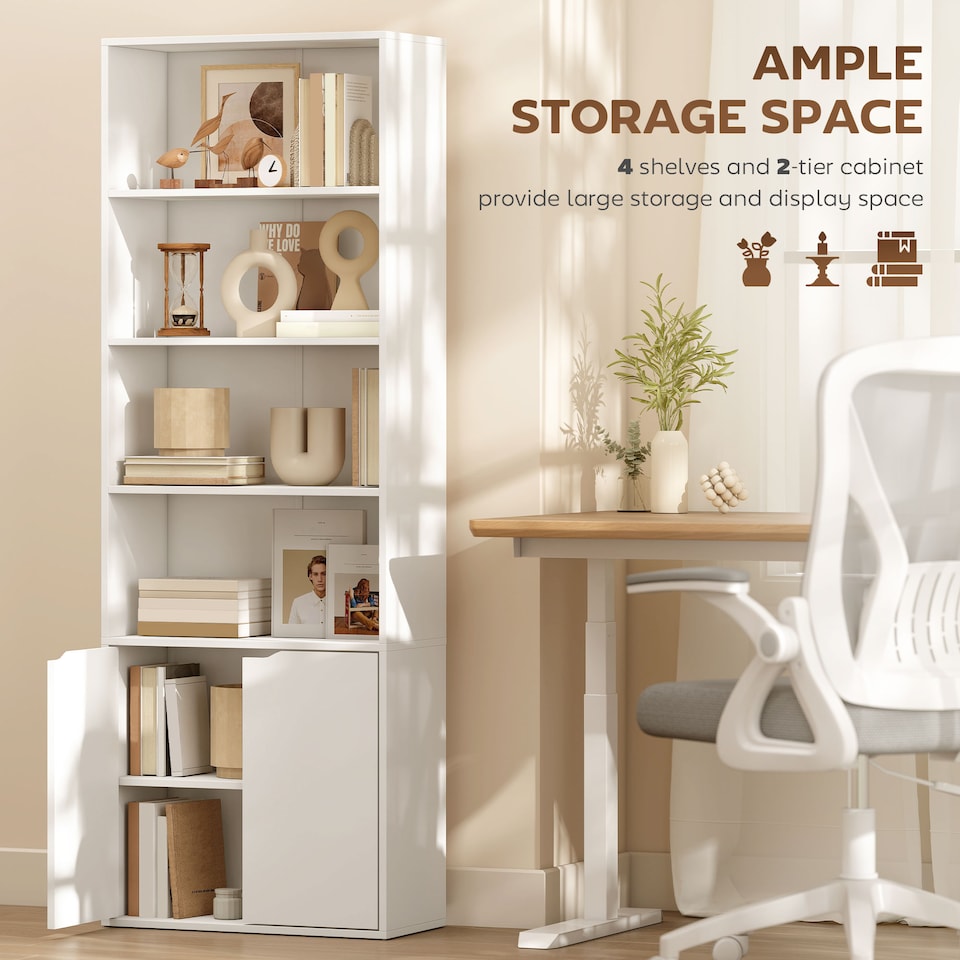 image 1 of HOMCOM 6-Tier Tall Bookcase, Bookshelf with 4 Open Shelves and Double Door Storage Cabinet, Freestanding Display Rack for Living Room, Bedroom, Home Office, Study, 59 x 29 x 180cm, White