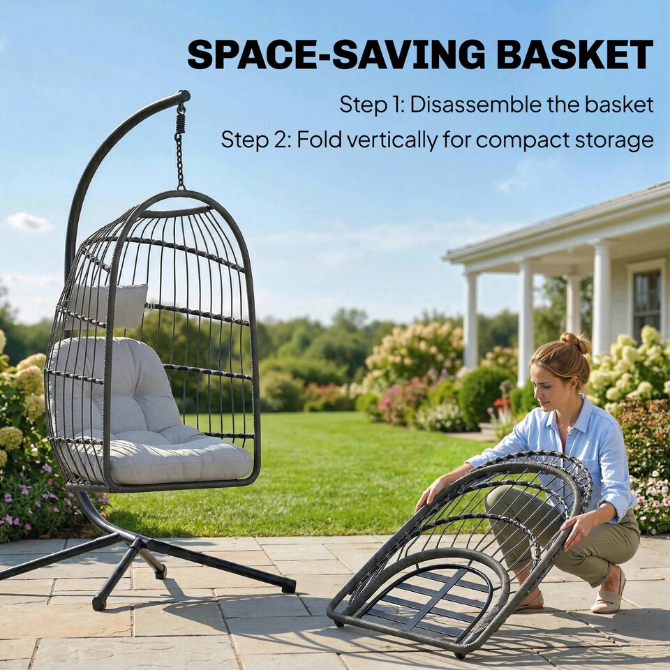 image 1 of Outsunny Hanging Egg Chair, Outdoor Swing Chair with Stand, Dark/Light Grey | Grey | Dark grey basket, light grey cushions | One Size