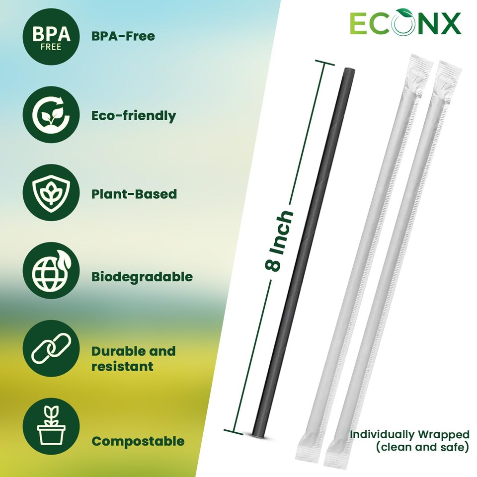 image 1 of ECONX Black Paper Straws 8 Inch Paper Drinking Straws for Parties Hot & Cold Drinks Sip Stirrers Pack 5000