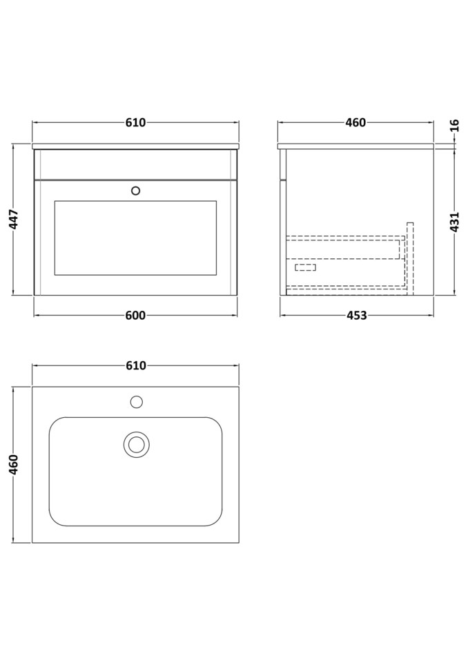 image 1 of Balterley Swynnerton Traditional 1 Drawer Wall Hung Vanity Unit with Stone Basin, Satin Grey, 600mm