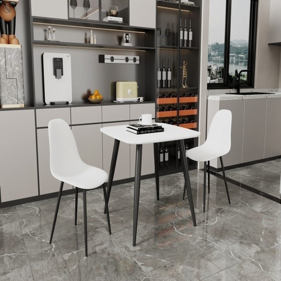 image 1 of Aspen Tapered Legs Square Dining Table and 2 Curve Plastic Seat Chairs with Metal Legs - White/Black - Flat Packed White
