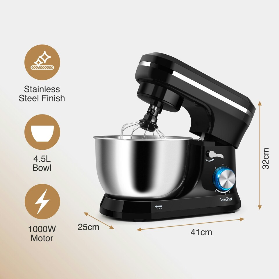 image 1 of VonShef Stand Mixer 1000W, Electric Food Mixer w/ 4.5L Bowl
