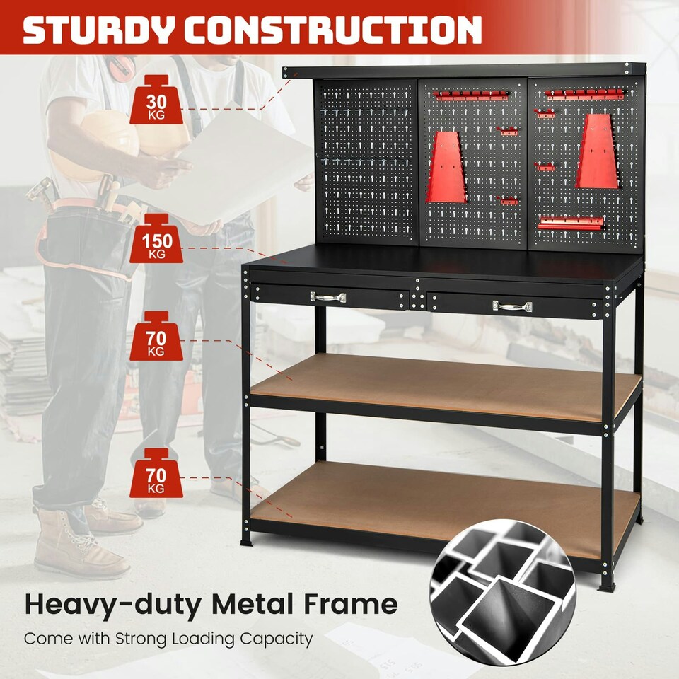 image 1 of COSTWAY Workbench Garage Worktable with Drawers-Black