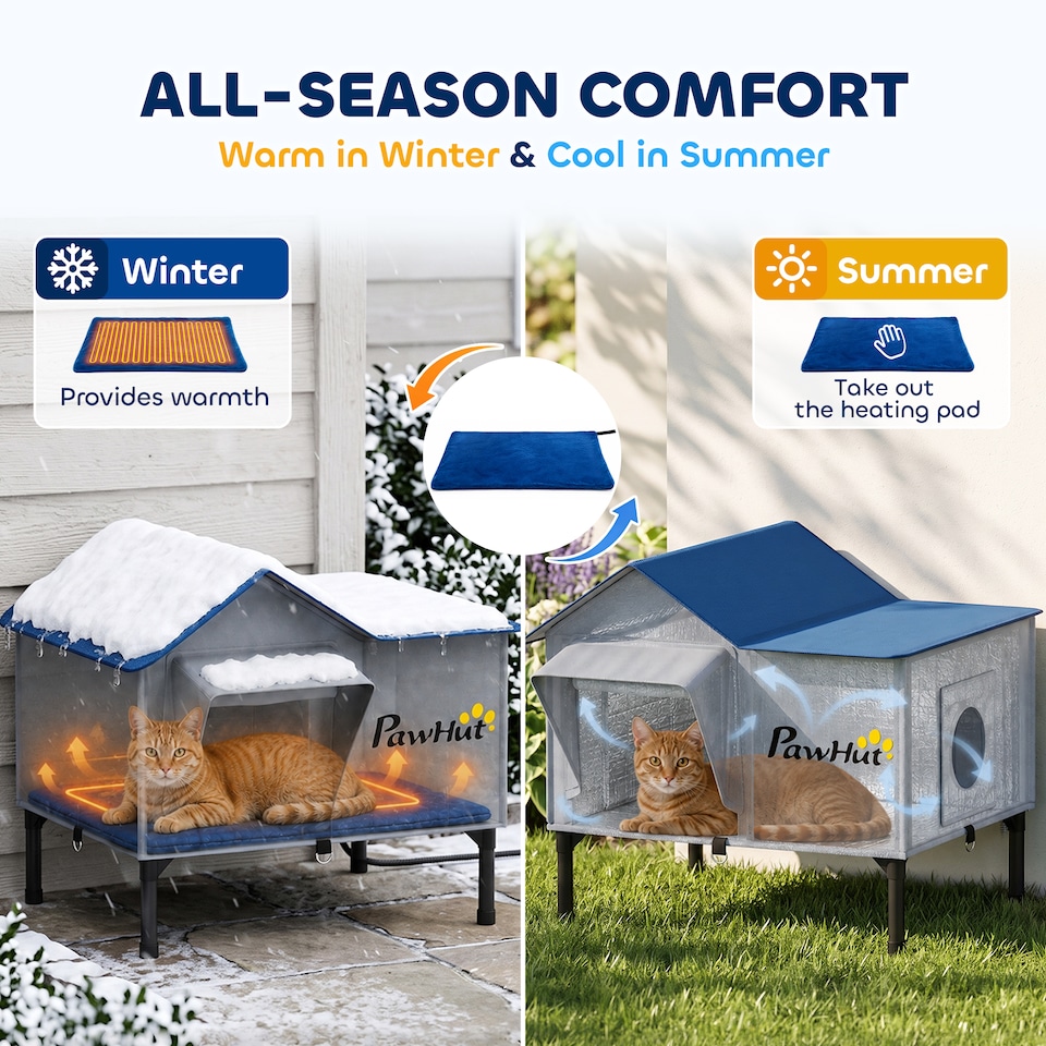 image 1 of PawHut Heated Cat House Weatherproof Cat House for Outside with Heating Pad