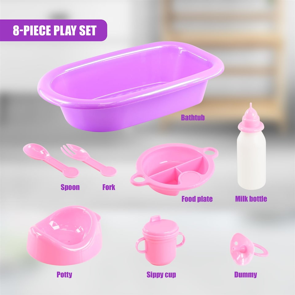 BiBi Doll Baby Doll 8 Piece Bath Set & Feeding Accessories Toy Playset ...