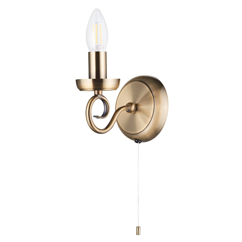 image 1 of Traditional Antique Brass Wall Light Fitting with Scroll Arm and Pull Switch | Gold