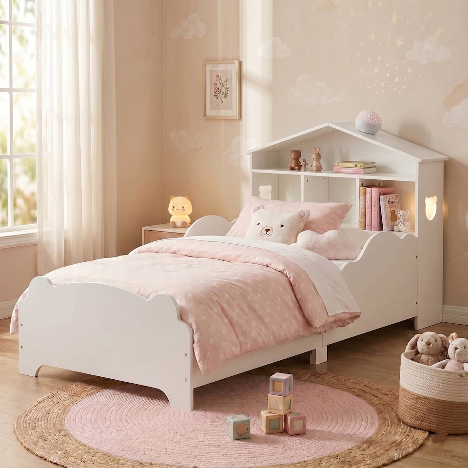 image 1 of TOTO Wooden Toddler Bed w/ Integrated Bookshelf Storage Junior Kids Frame - White