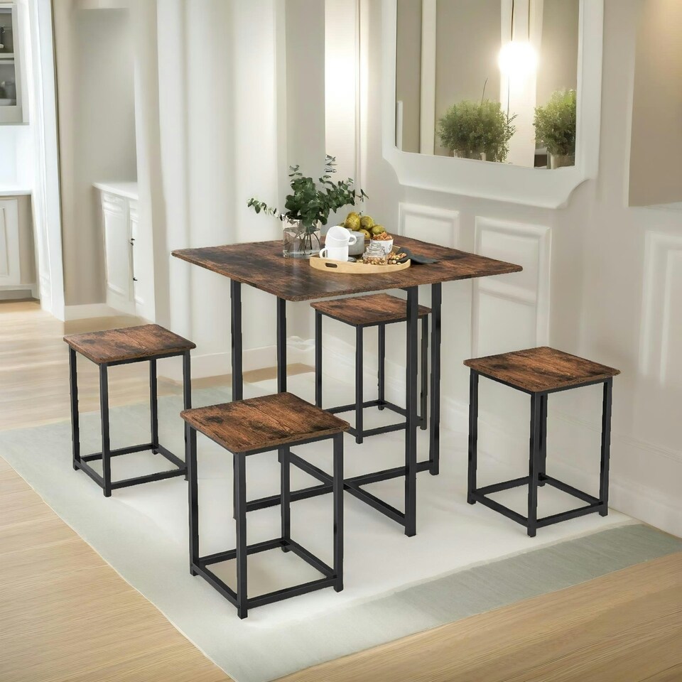 image 1 of 5-Piece Dining Table And Square Stool Set Kitchen Rustic Brown Brown