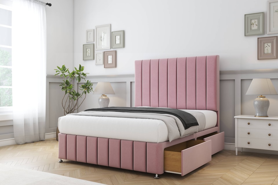 image 1 of Sloomy California Pink Plush Divan Bed Base 2 Drawers Right Side With 26 Inch Strutted Headboard & 12 Inch Matching Footboard | Pink | Pink | Single | 1