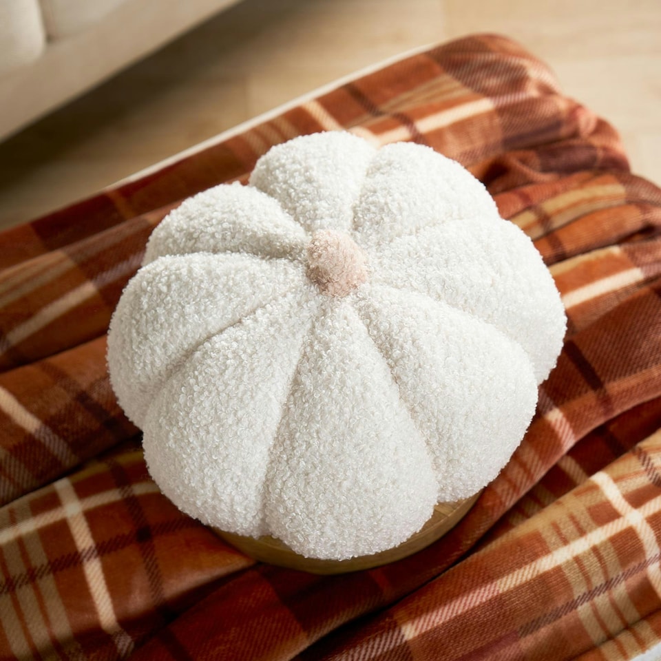 image 1 of OHS 2 x Boucle Fleece Pumpkin Shaped Halloween Fall Autumn Decoration Filled Cushions, 25x25cm - Cream