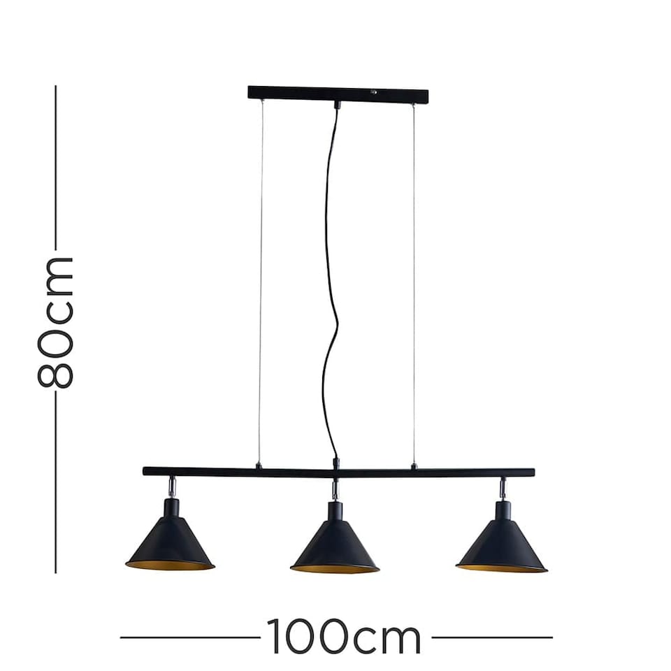 image 1 of ValueLights Modern 3 Way Suspended Ceiling Light With Matte Black Gold Metal Cone Shades | Black