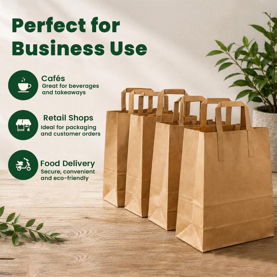 image 1 of ECONX Medium Brown Kraft Paper Bags With Handles 250pcs Biodegradable SOS Takeaway Party Carrier Bags
