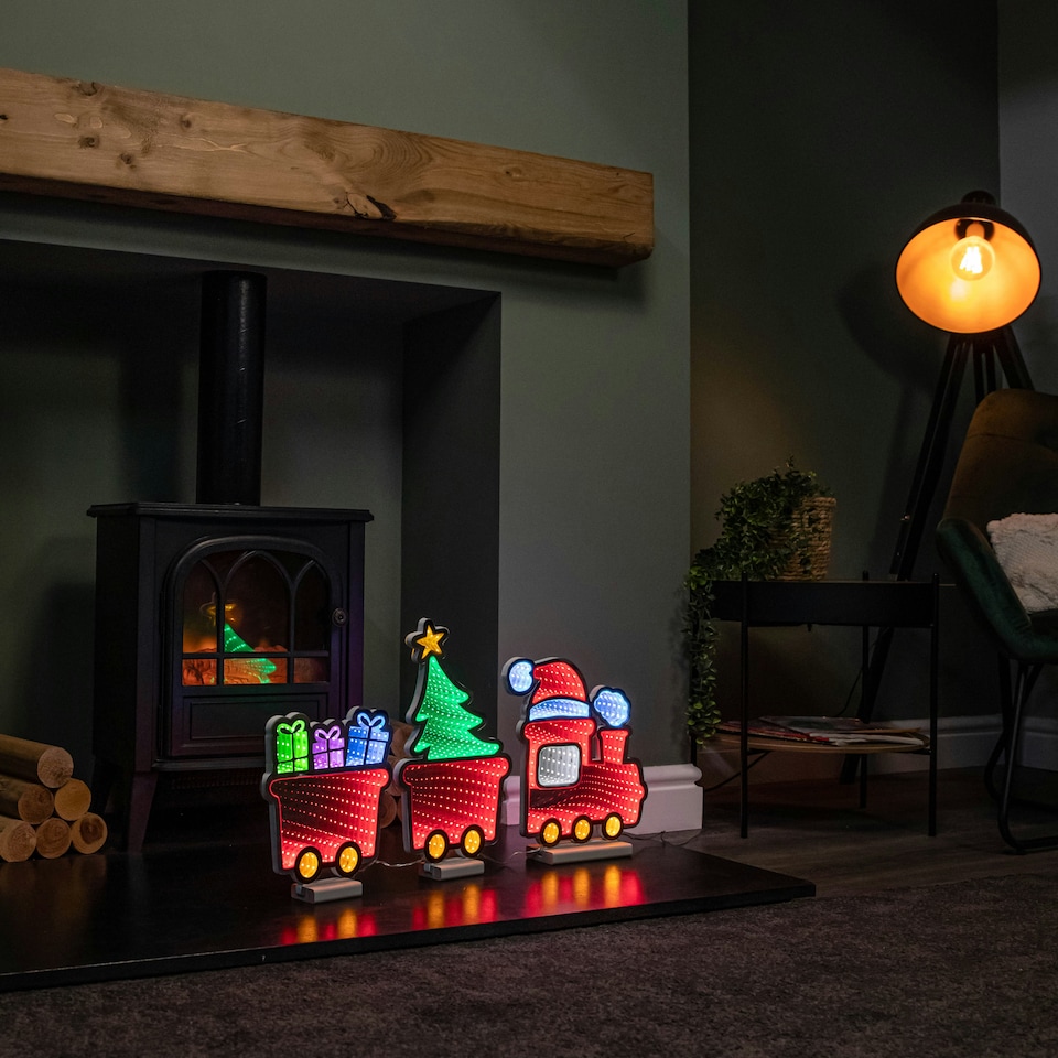 image 1 of 70cm Infinity Christmas Train with 2 Carriages on Wood Base and Multi-Coloured LEDs