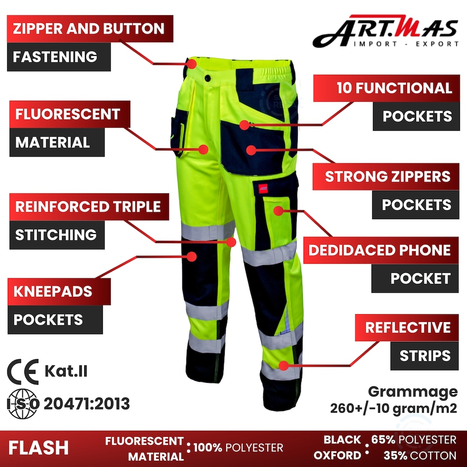 image 1 of Artmas Flash Yellow High-Visibility Work Trousers with 2 Knee Pads, Class 2, 260gsm (38/40 Inch - 56 EU)
