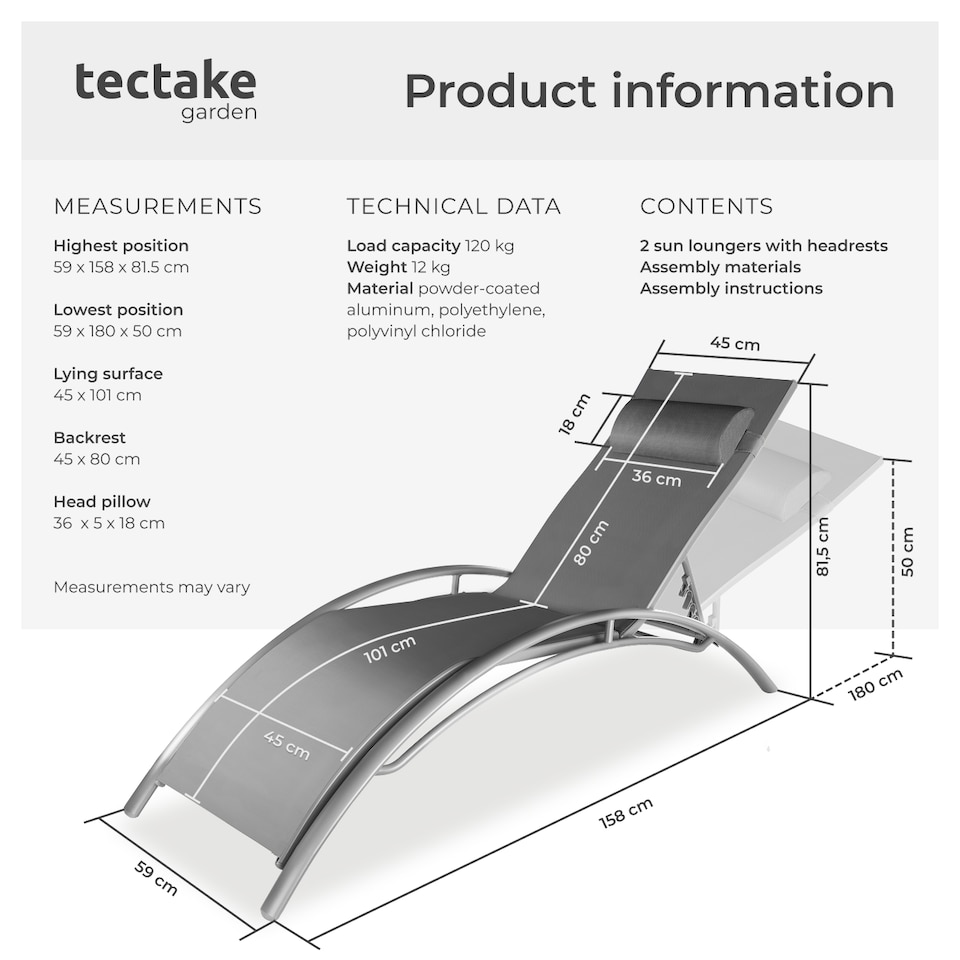 image 1 of Sun Lounger Set of 2 Alina - 5-step backrest, head cushion, aluminium frame | Grey | grey | 2