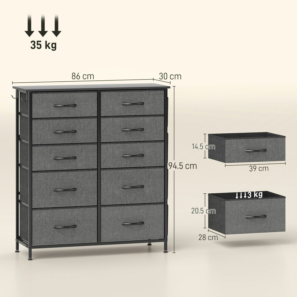 image 1 of HOMCOM Fabric Chest of Drawers, 10 Drawer Dresser for Bedroom, Charcoal Grey Grey