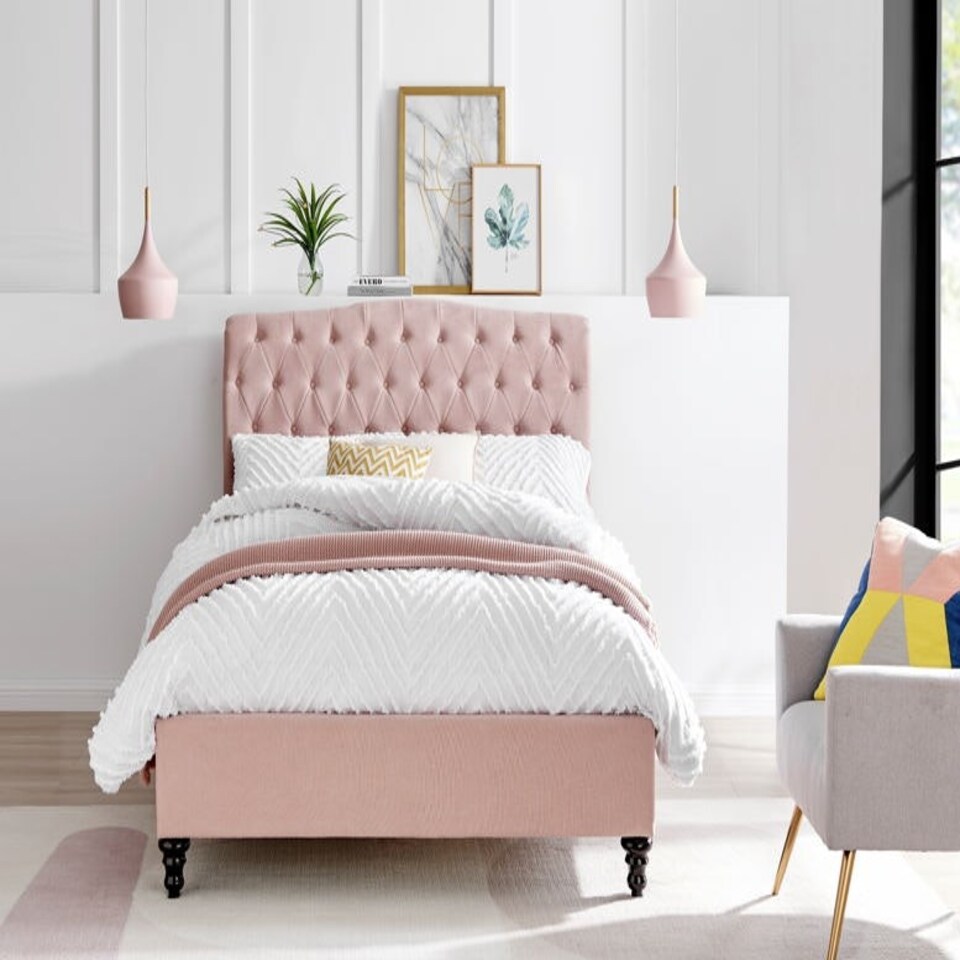 image 1 of 5ft King Size Fabric upholstered, Pink,buttoned back,curved bed, scroll, chesterfield, frame,bedstead