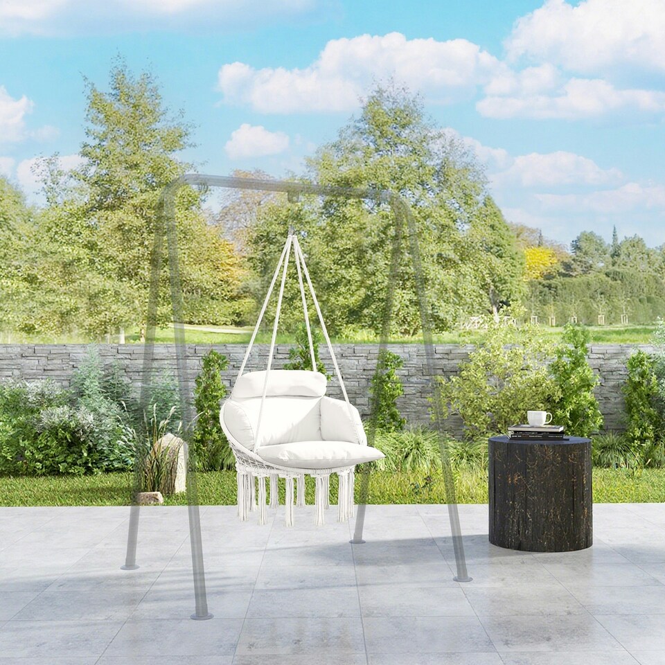 image 1 of Outsunny Hammock Chair, Boho Hanging Swing Chair with Cushion, Dark Grey