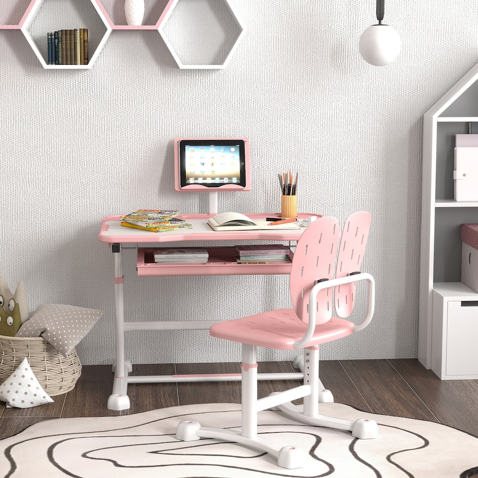 image 1 of AIYAPLAY Height Adjustable Kids Desk and Chair Set w Tilted Desktop | Pink