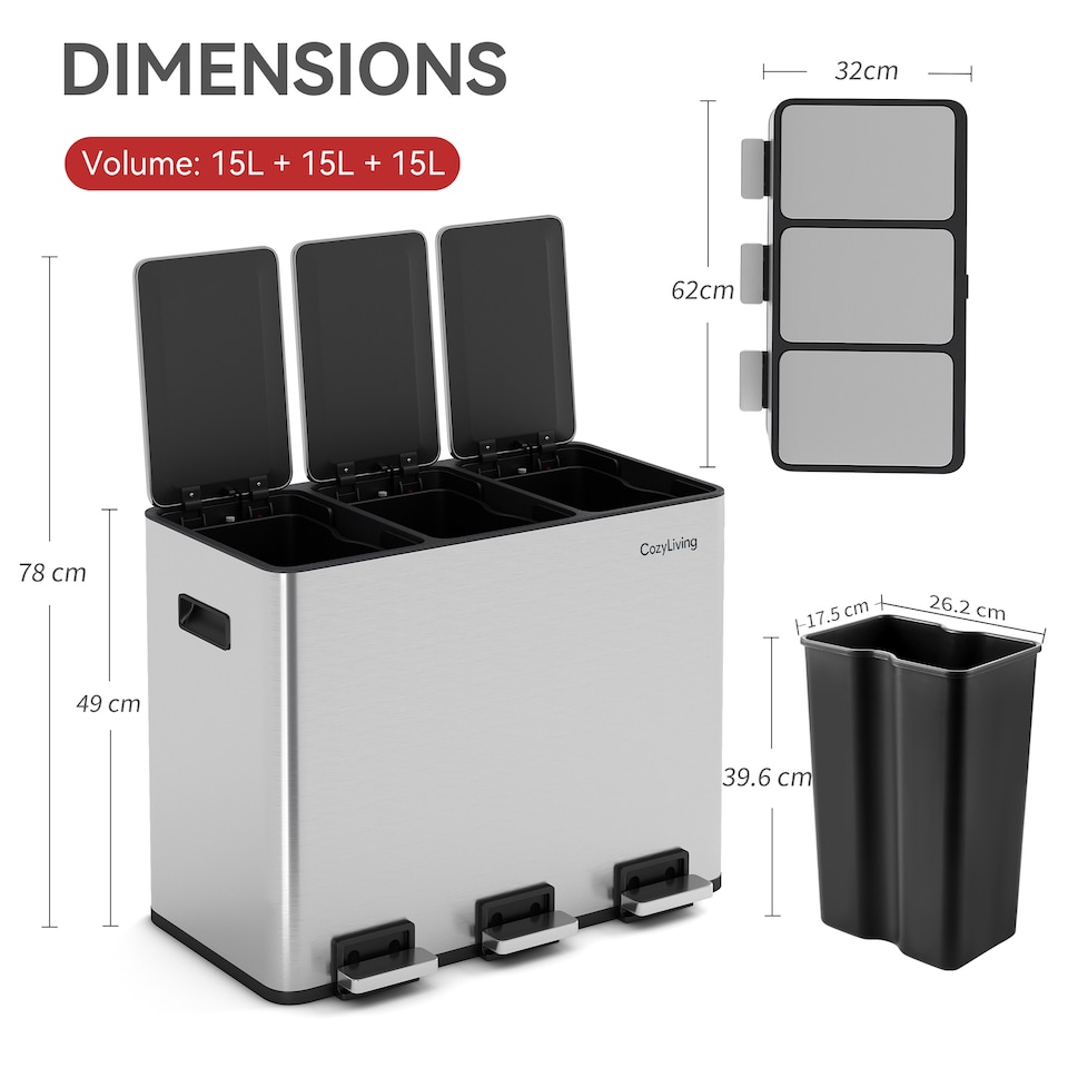 image 1 of CozyLiving 45L Triple Pedal Bin for Recycling and General Waste Rubbish Kitchen Bin 3x 15L