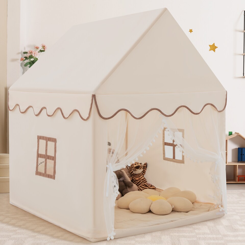 image 1 of COSTWAY Kids Play Tent Indoor Playhouse with Padded Mat-Beige