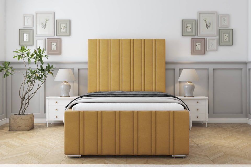 image 1 of Sloomy Radcliffe Mustard Plush Bed Frame With Mattress With 50" Upholstered Headboard 3' Single