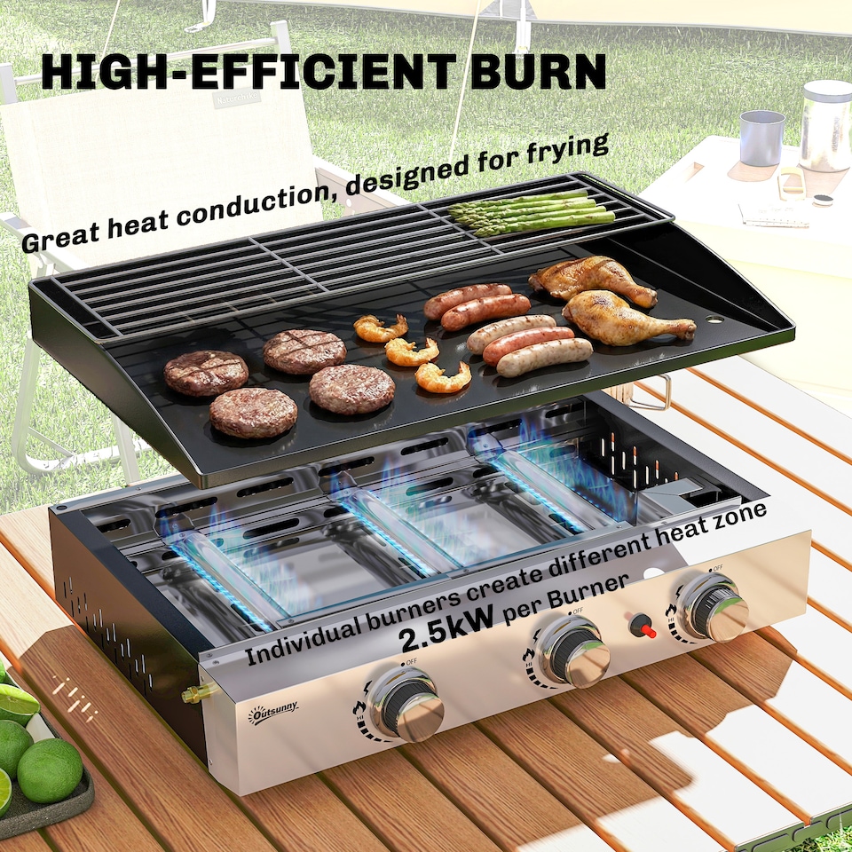 image 1 of Outsunny 3 Burner Grill Griddle, Tabletop Gas BBQ with Grease Cup, Black