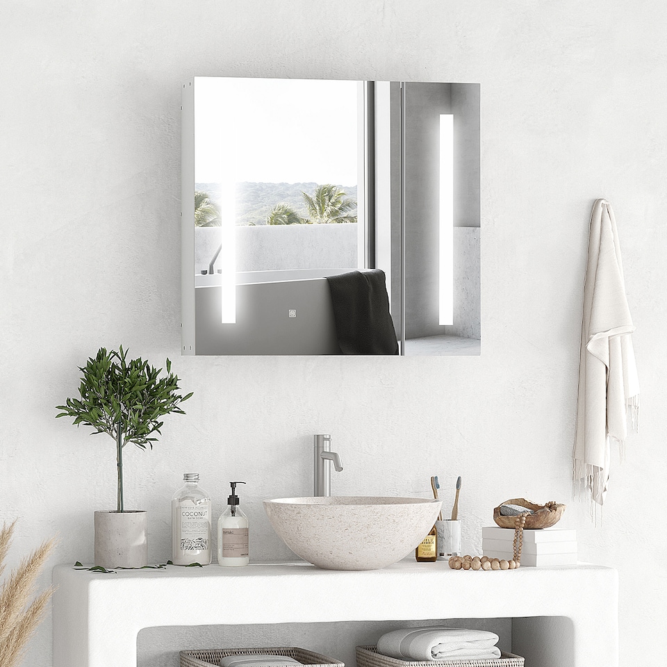 image 1 of Illuminated Bathroom Mirror Cabinet 650 x 700Hmm LED Bathroom Mirror with Lights Touch Switch, Adjustable Shelf,  USB Charge, White